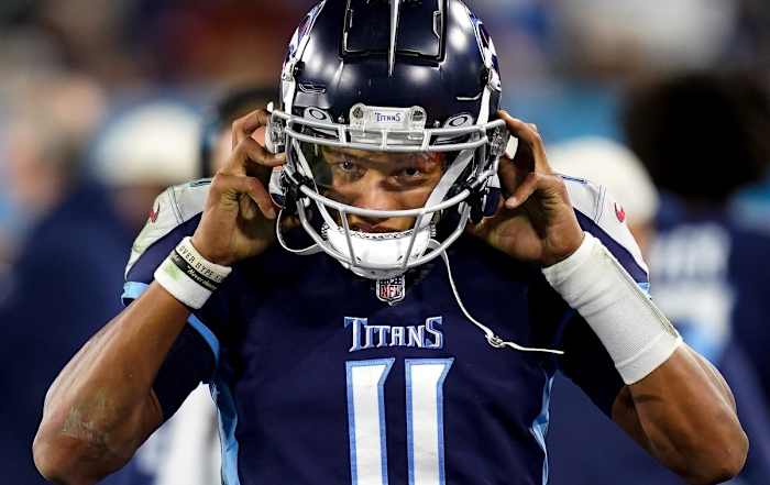 Tennessee Titans quarterback Joshua Dobbs (11) on the sidelines during the second quarter against the Dallas Cowboys at Nissan Stadium Thursday, Dec. 29, 2022, in Nashville, Tenn.